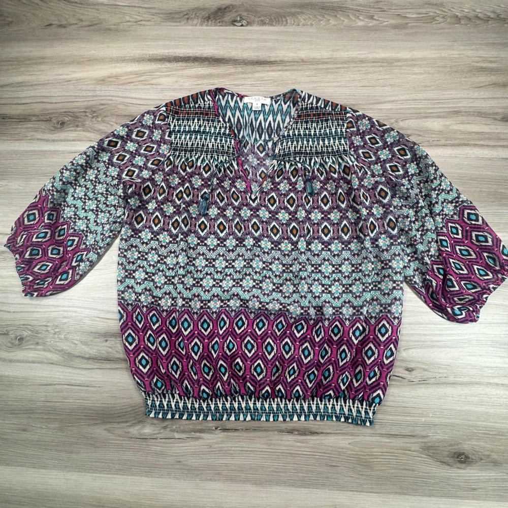 Studio‎ JPR Womens Boho Geometric Print Smocked Hem Tassel Blouse Purple Teal S